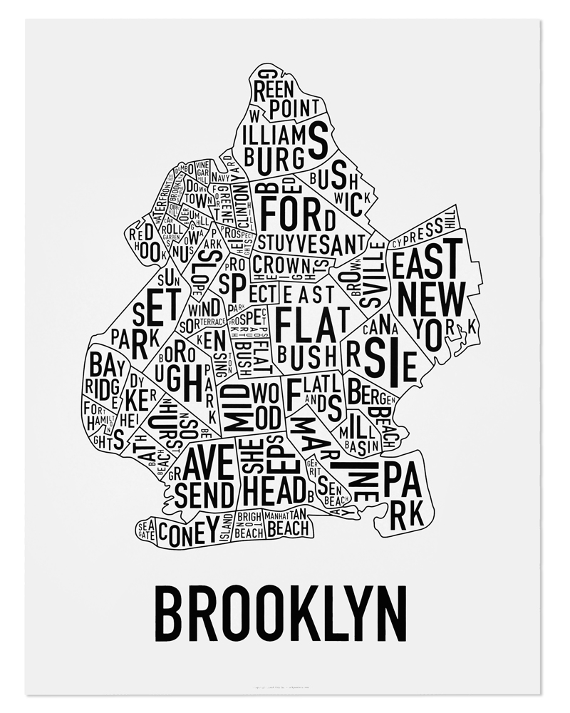 Brooklyn Neighborhood Map 18" x 24" Classic Black & White Poster