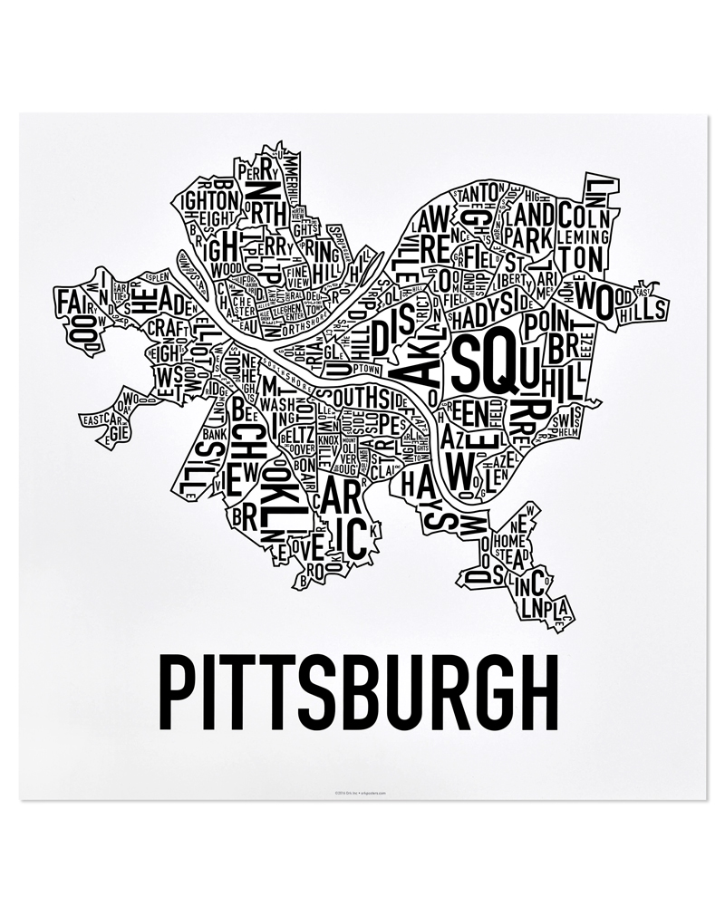 Pittsburgh Neighborhood Map 18" x 18" Classic Black & White Poster