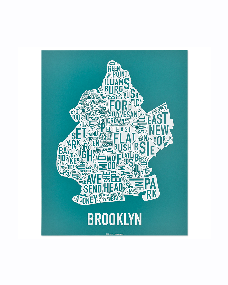 Brooklyn Neighborhood Map 11" x 14" Teal & White Screenprint