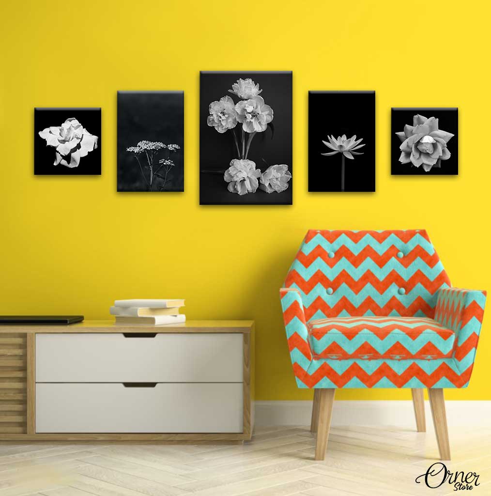 Black and White Floral Art Set Set of 5 Complete Wall Setup