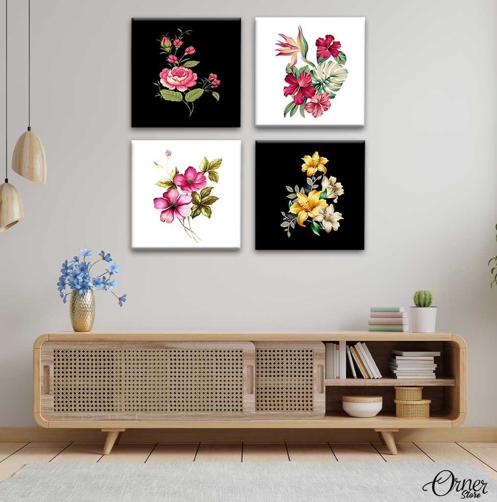 Flowers On Black and White 4 Square Panels Floral Wall Art