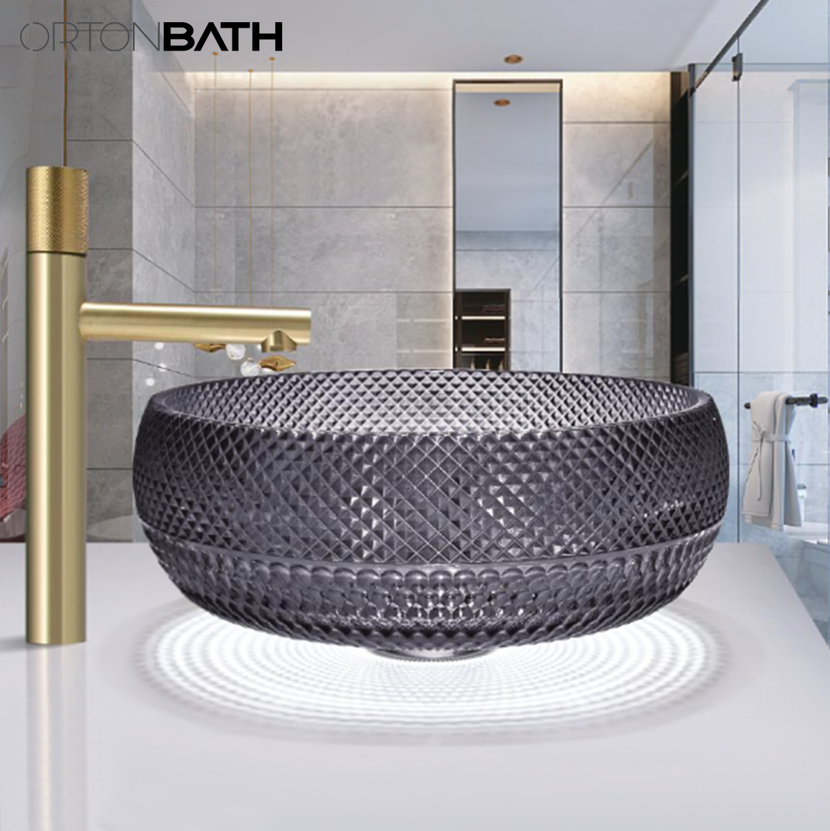 ORTONBATH™ Glass Bathroom Sink Transparent purple color Wash Sink Round