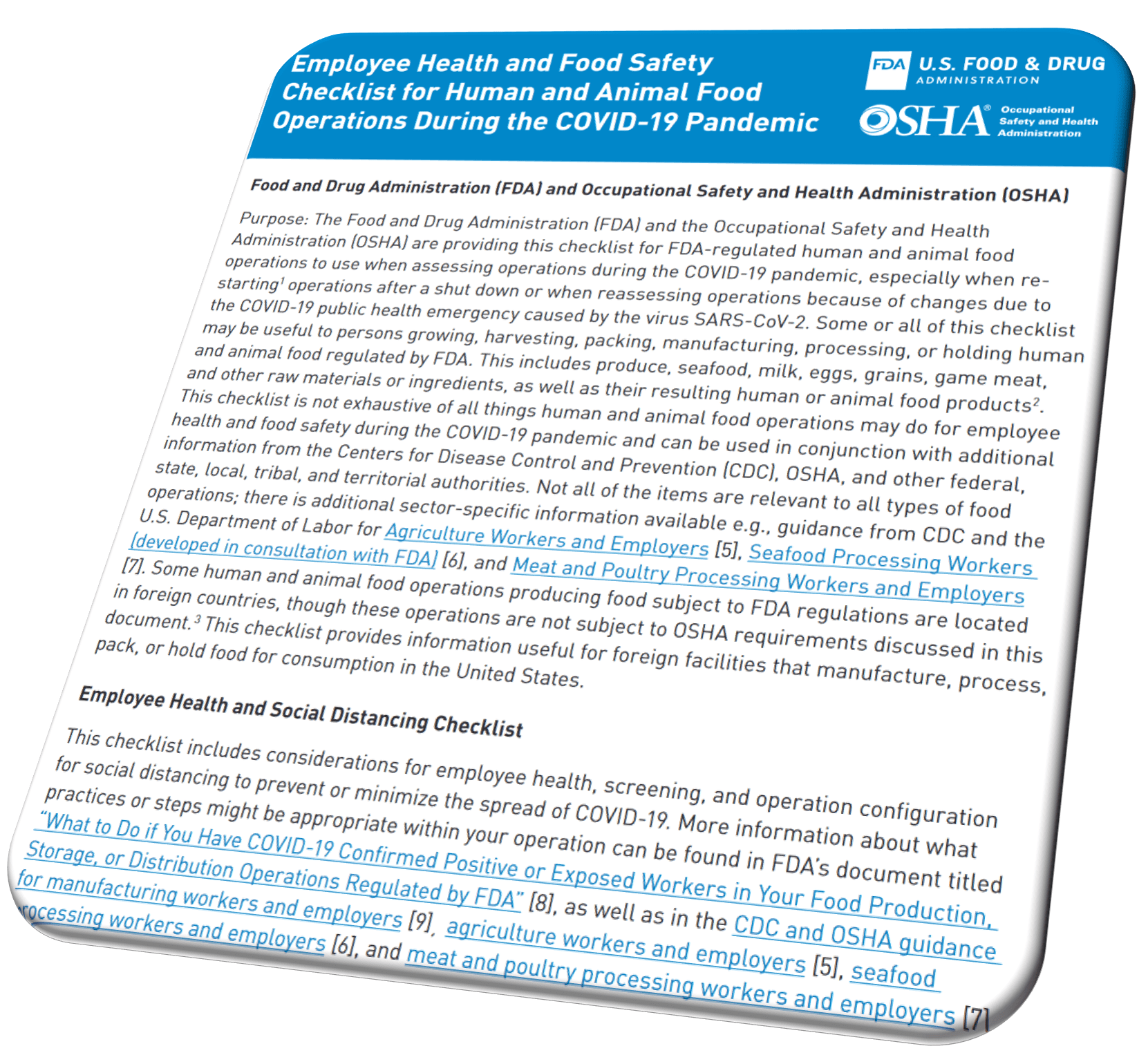 OSHA and FDA Issue COVID19 Checklist for Food Industry Workplaces