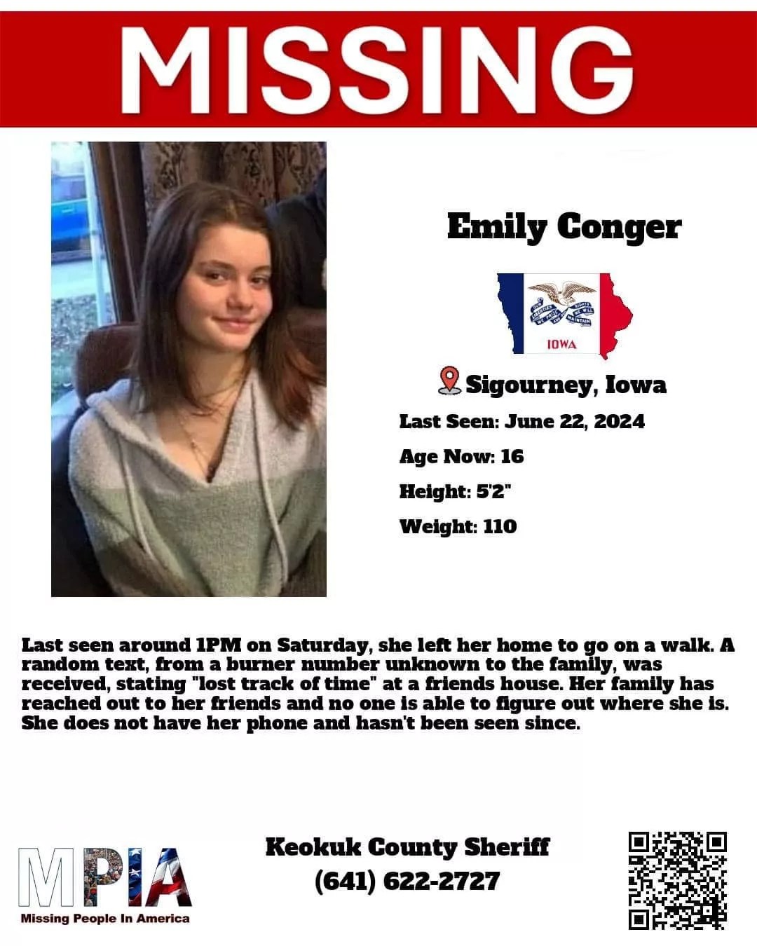 Urgent Keokuk County Sheriff's Office Seeks Help Locating Missing 16