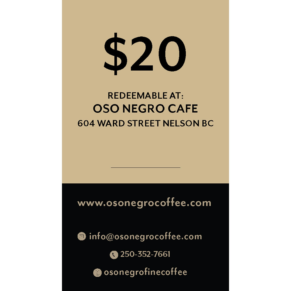 20 Cafe Gift Card Oso Negro Coffee