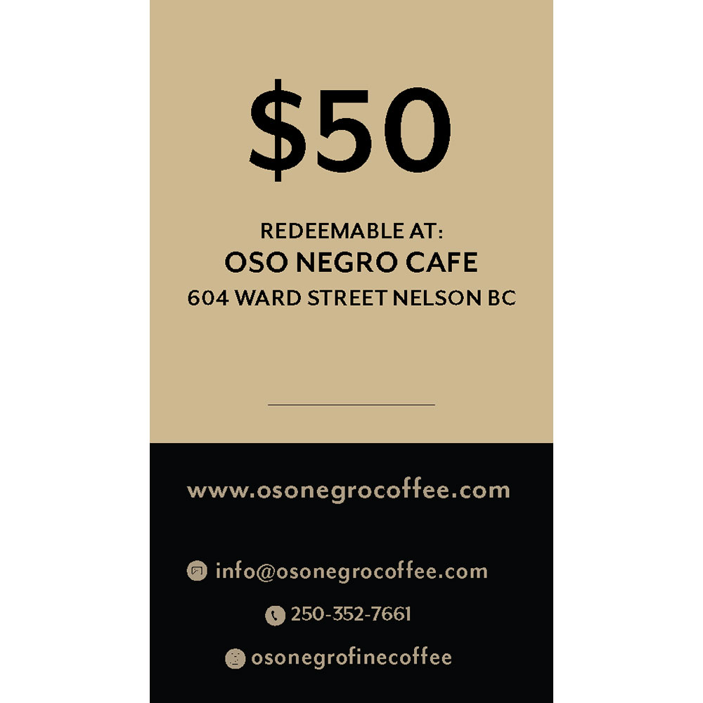 50 Cafe Gift Card Oso Negro Coffee