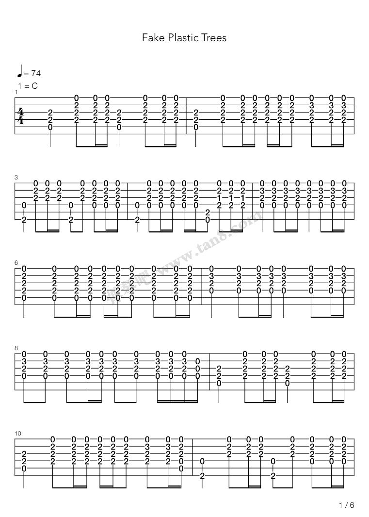 《Fake Plastic Trees》,Radiohead（六线谱 吉他谱）弹琴吧(原蛐蛐钢琴网)，吉他入门，钢琴入门，优质吉他谱，钢琴
