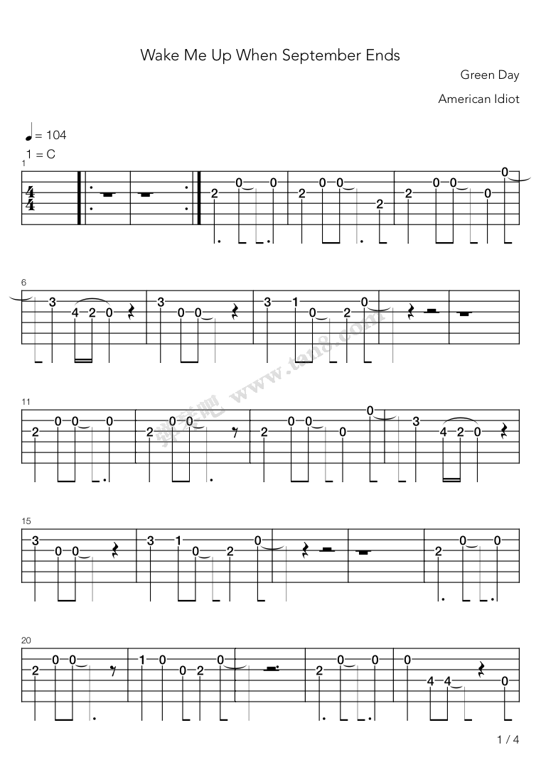 《Wake Me Up When September Ends完整版》,Greenday（六线谱 吉他谱）弹琴吧(原蛐蛐钢琴网)，吉他入门