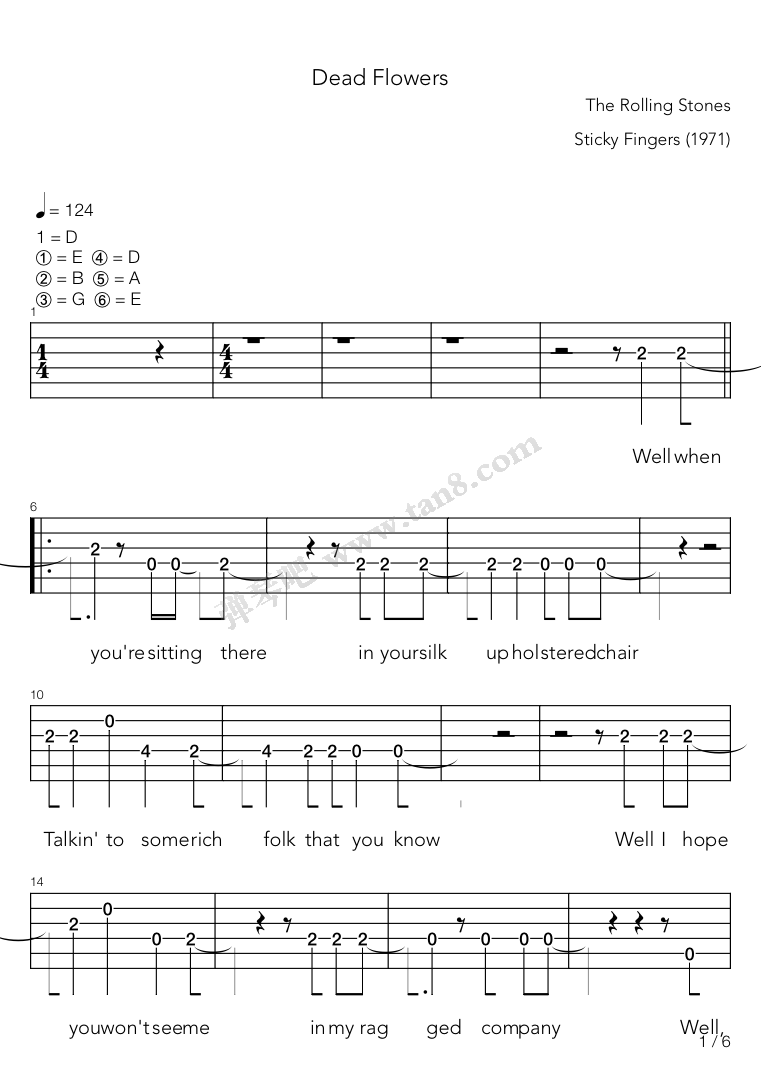 《Dead Flowers》,The Rolling Stones（六线谱 吉他谱）弹琴吧(原蛐蛐钢琴网)，吉他入门，钢琴入门，优质吉他谱