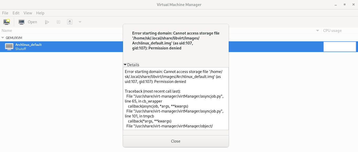 [Solved] Cannot access storage file, Permission denied Error in KVM