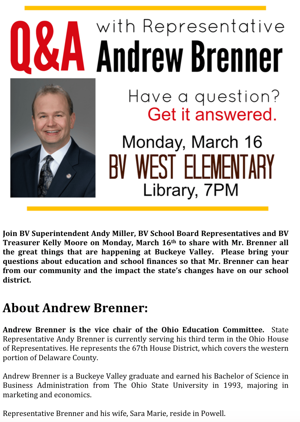 Representative Andrew Brenner Official site for Ostrander, Ohio