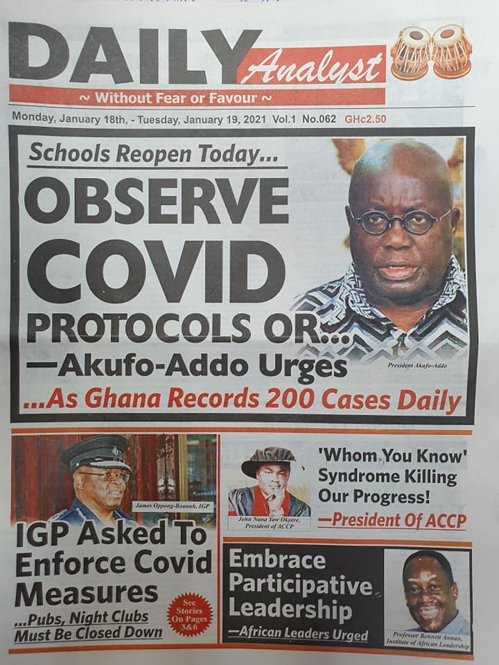 Newspaper headlines of Monday, January 18, 2021 Ghana News Online