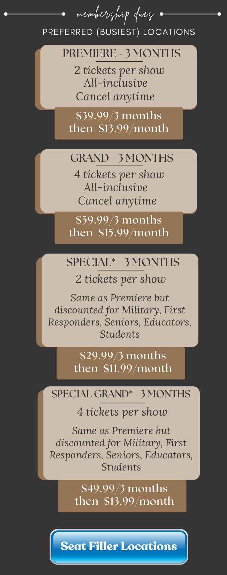 OTL Seat Fillers Pricing All Tickets Included