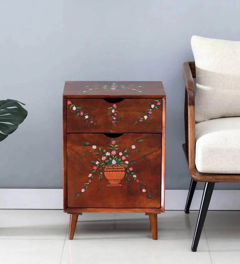 Solid Wood Bedside Table In HandPainted Multicolour With Premium Glos