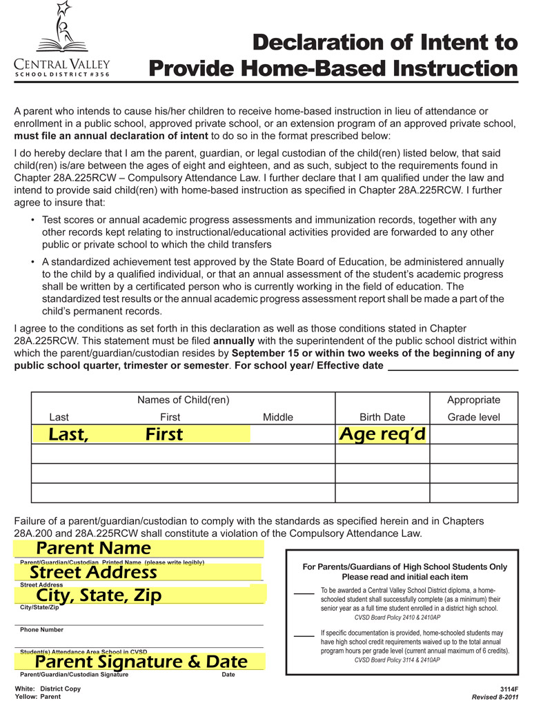 Homeschooling in WA and DOI Forms