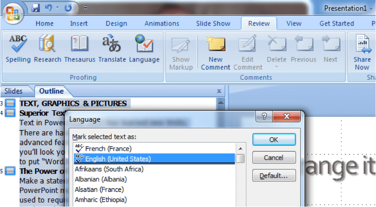Change the language to English/US on all slides and boxes in PowerPoint