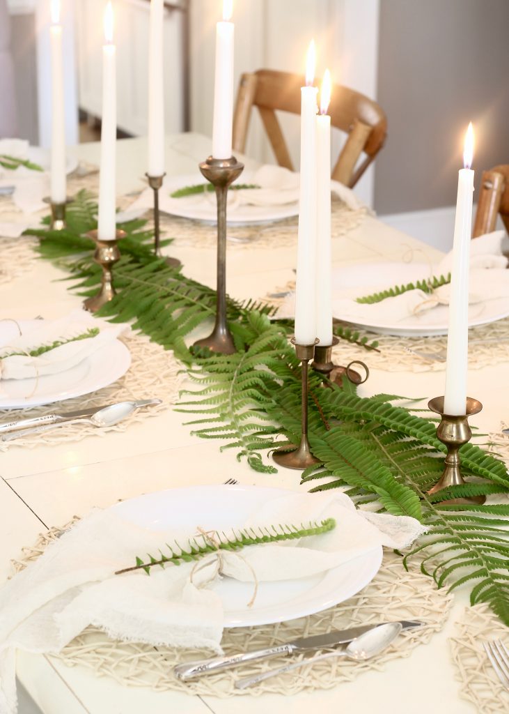 Spring Tablescape with Brass Candlesticks and Ferns Our Hammock House