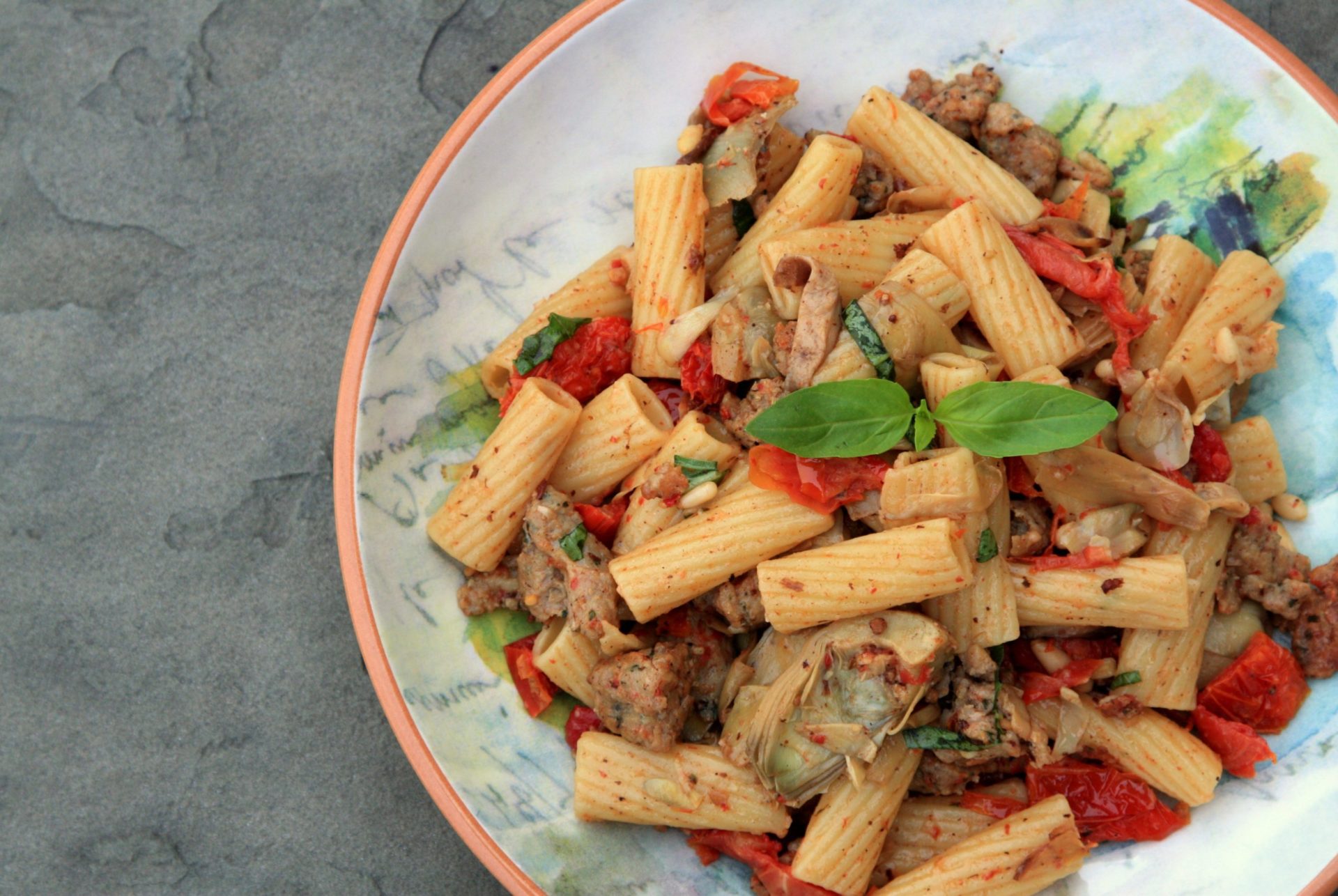 Rigatoni with Sausage, Shitakes, Sundried Tomatoes and Artichoke