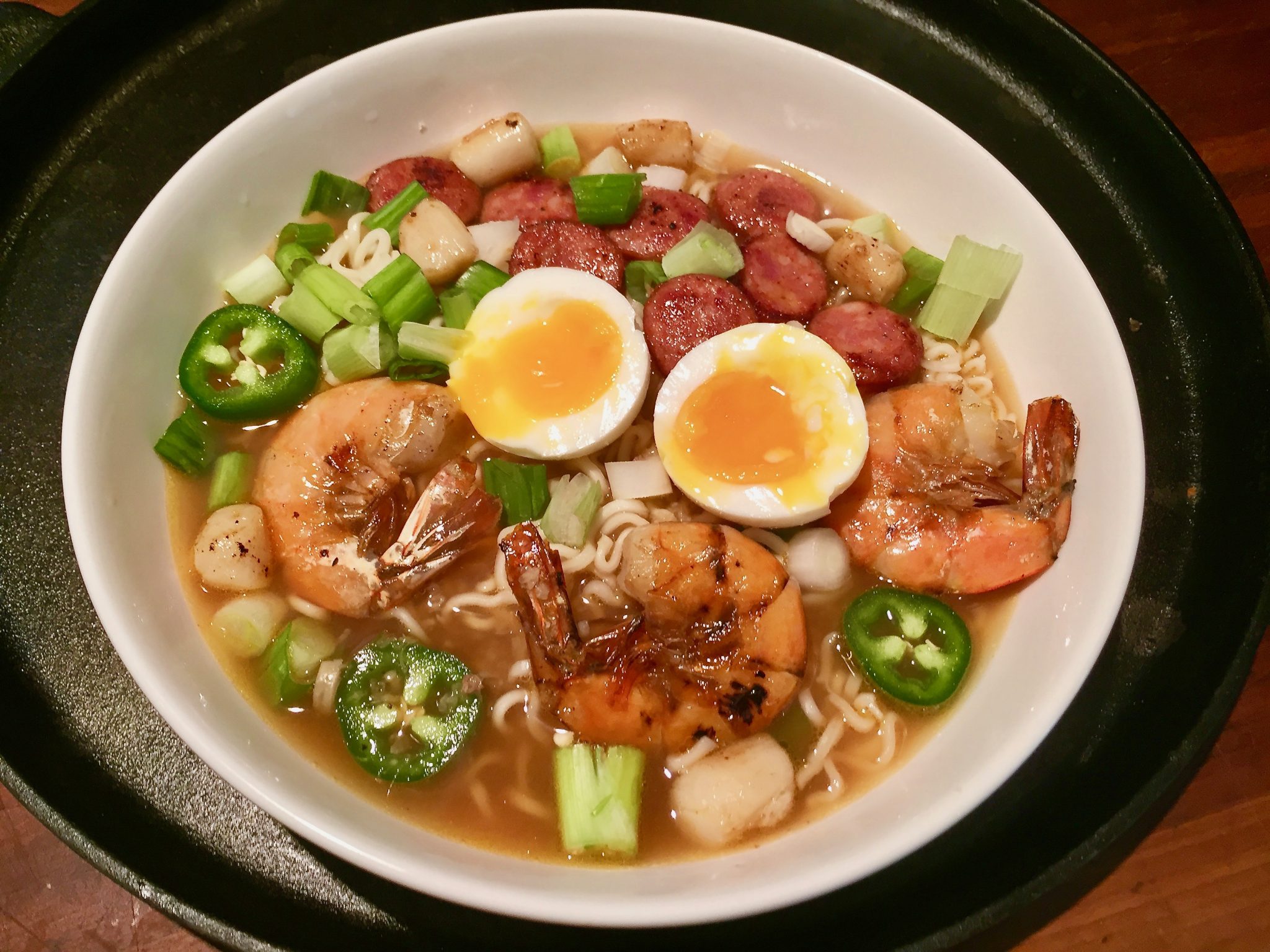 Spicy Ramen Noodles with Jumbo Shrimp and Seared Sausages Our Wild
