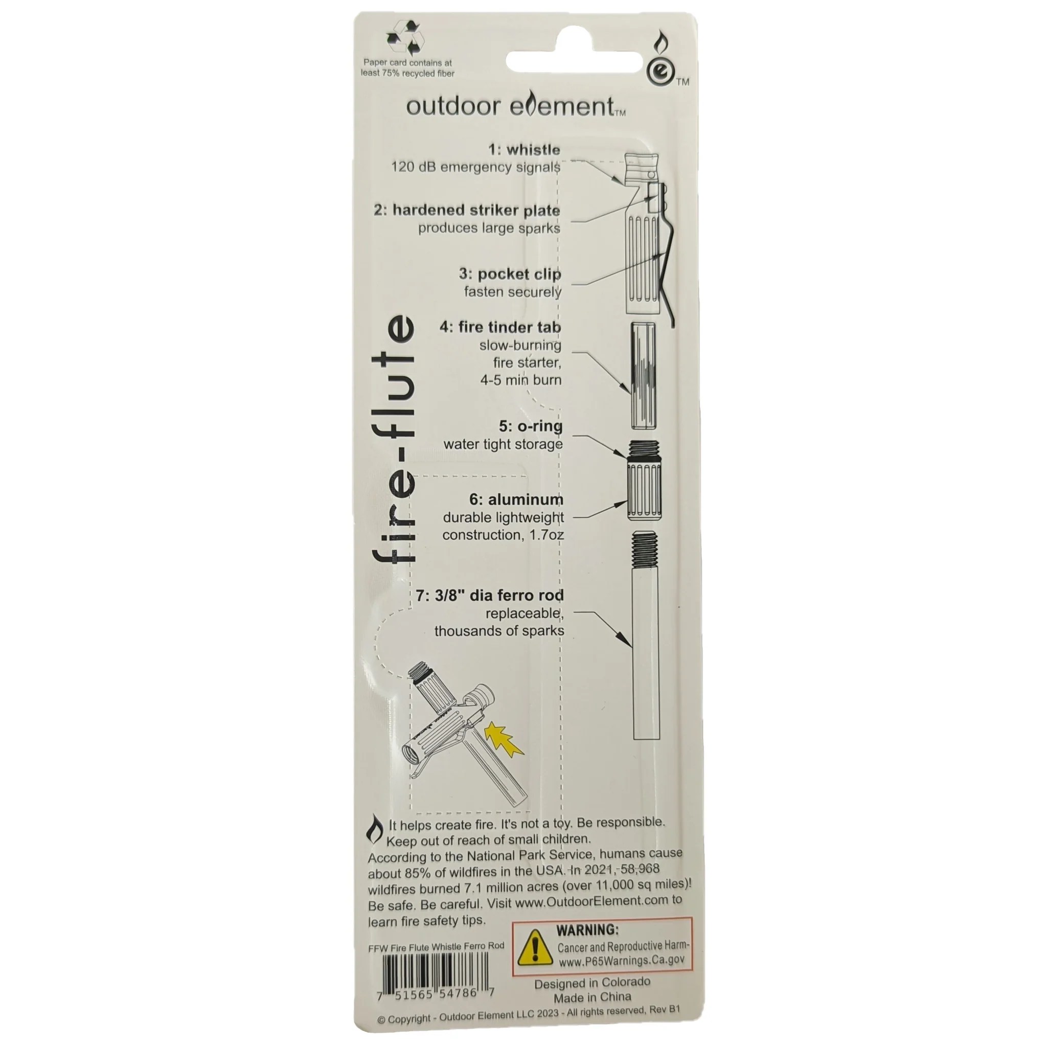 Fire Flute Emergency whistle, tinder storage, ferro rod