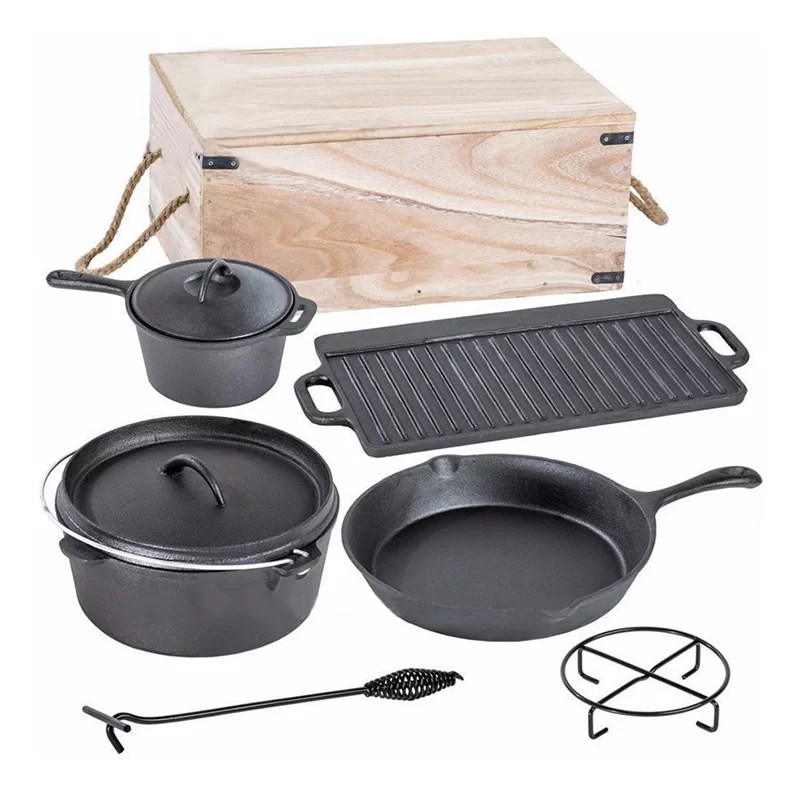 Dutch Oven Set Wooden Box 7Pieces Accessories OutdoorSAC