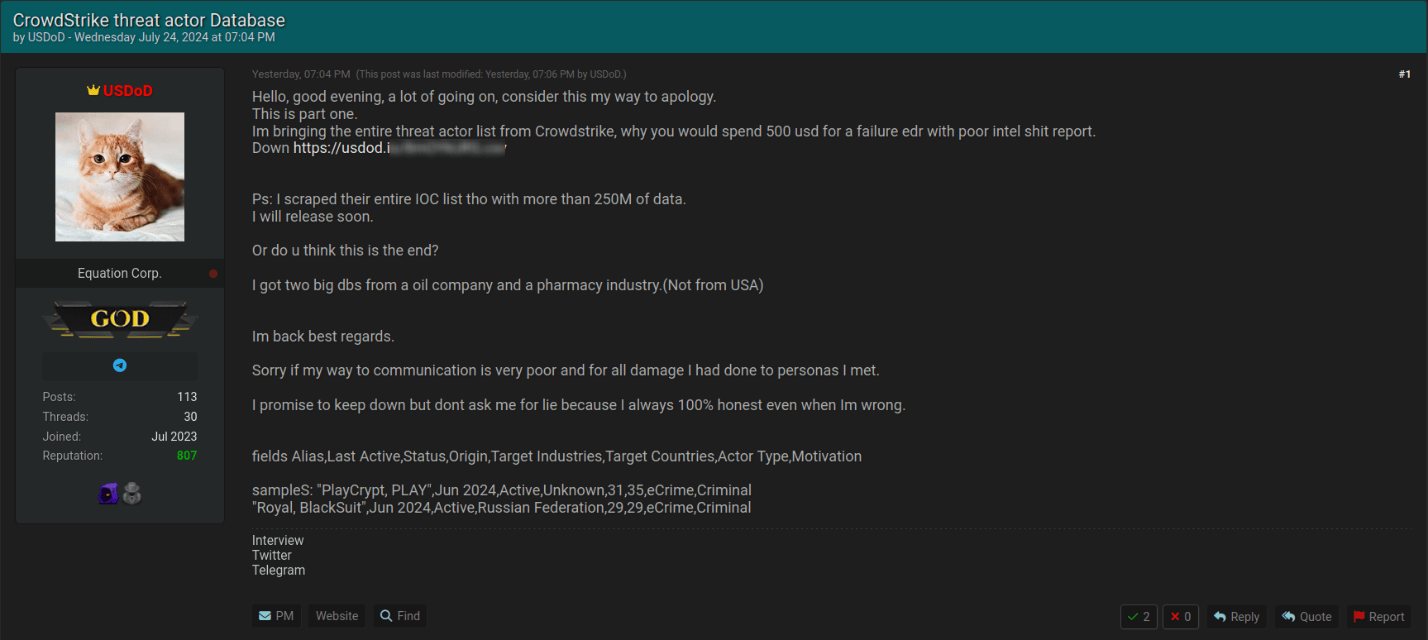 Threat group USDoD claims to leak CrowdStrike threat actor database