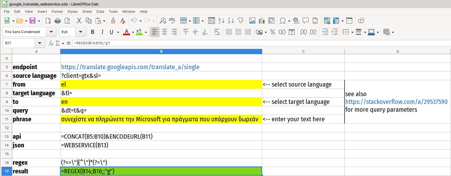 Translate Text in LibreOffice Calc Using WEBSERVICE() and REGEX() • Isaak Tsalicoglou, OVERBRING