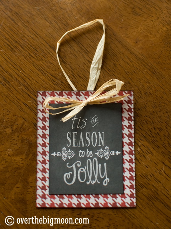 Turn Free Printables into Ornaments - this DIY Christmas Ornament is such a fun idea and could be used also as a gift tags! Love this idea! From www.overthebigmoon.com!