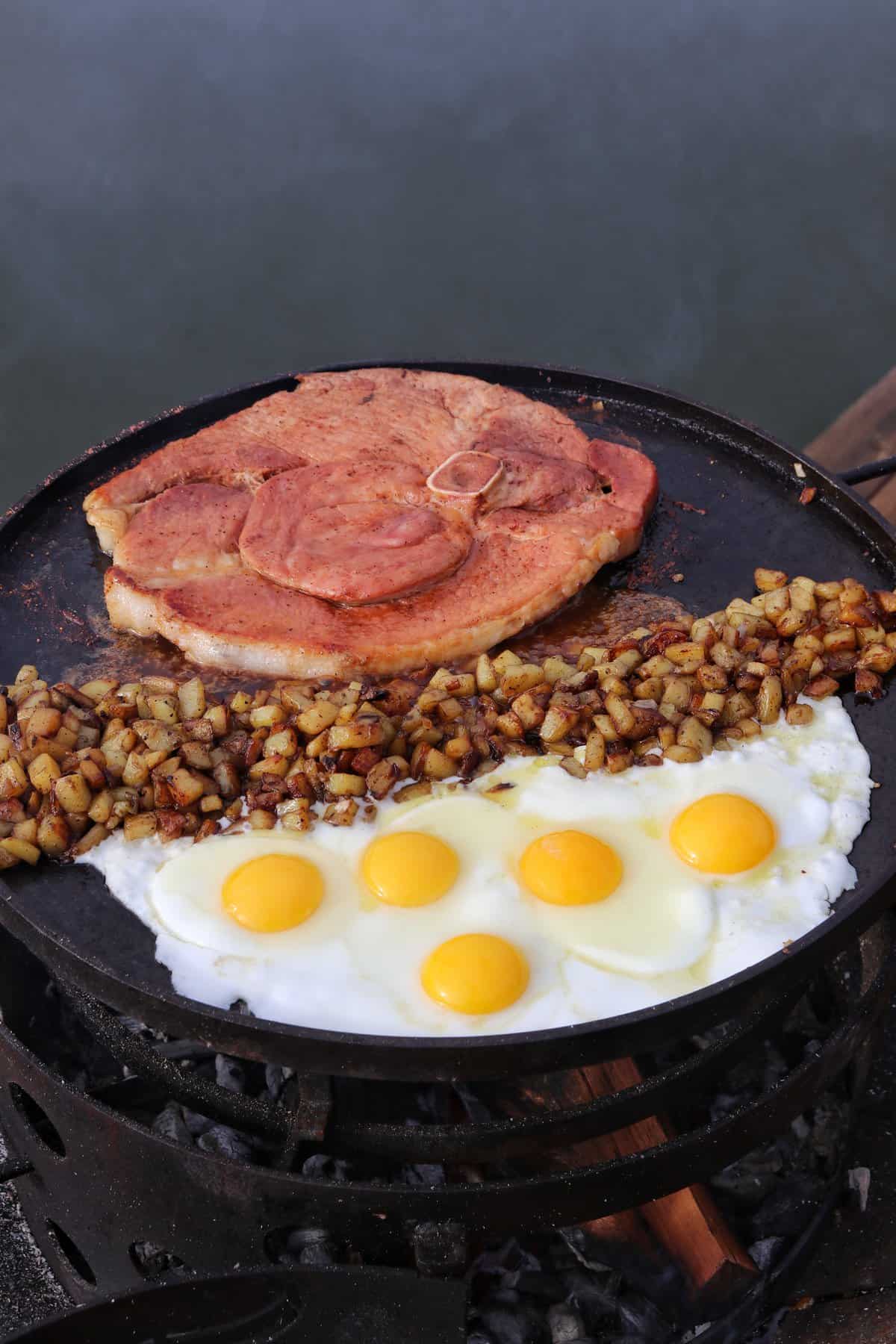 Cherry Chipotle Ham Steak and Eggs Over The Fire Cooking