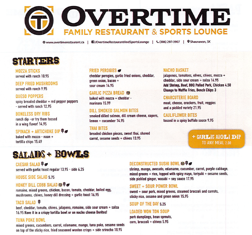 Overtime Restaurant and Sports Lounge » Menu