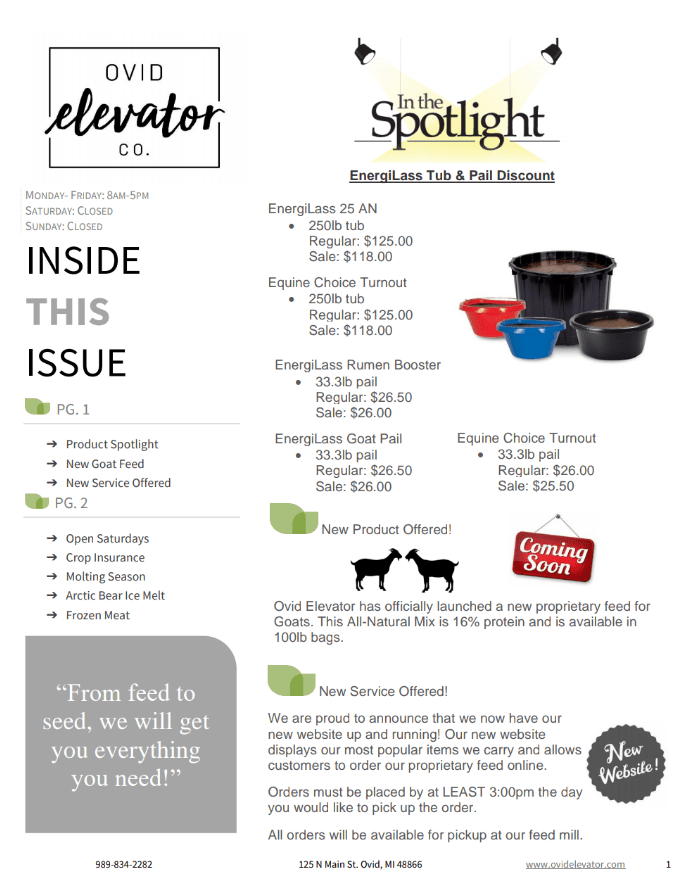 Newsletter & Promotions Ovid Elevator Co.