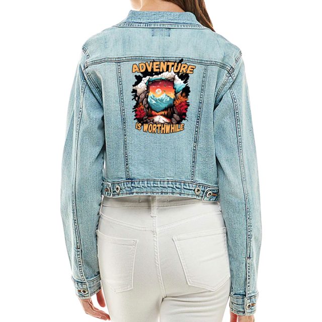 Cropped Ladies Denim Jacket "Adventure Is Worthwhile" Road Print