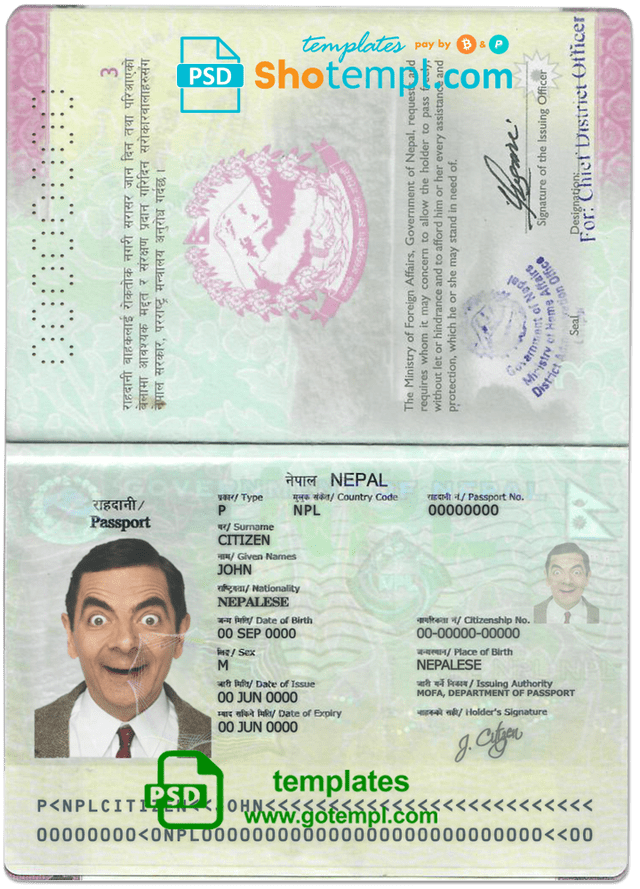 Nepal passport template in PSD format, fully editable Oxtempl we