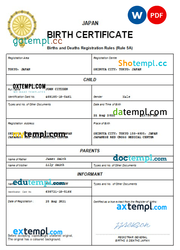Japan birth certificate Word and PDF template, completely editable Oxtempl we make templates