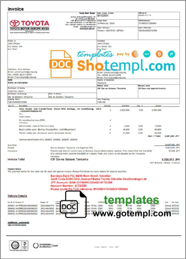 USA Toyota invoice template in Word and PDF format, fully editable