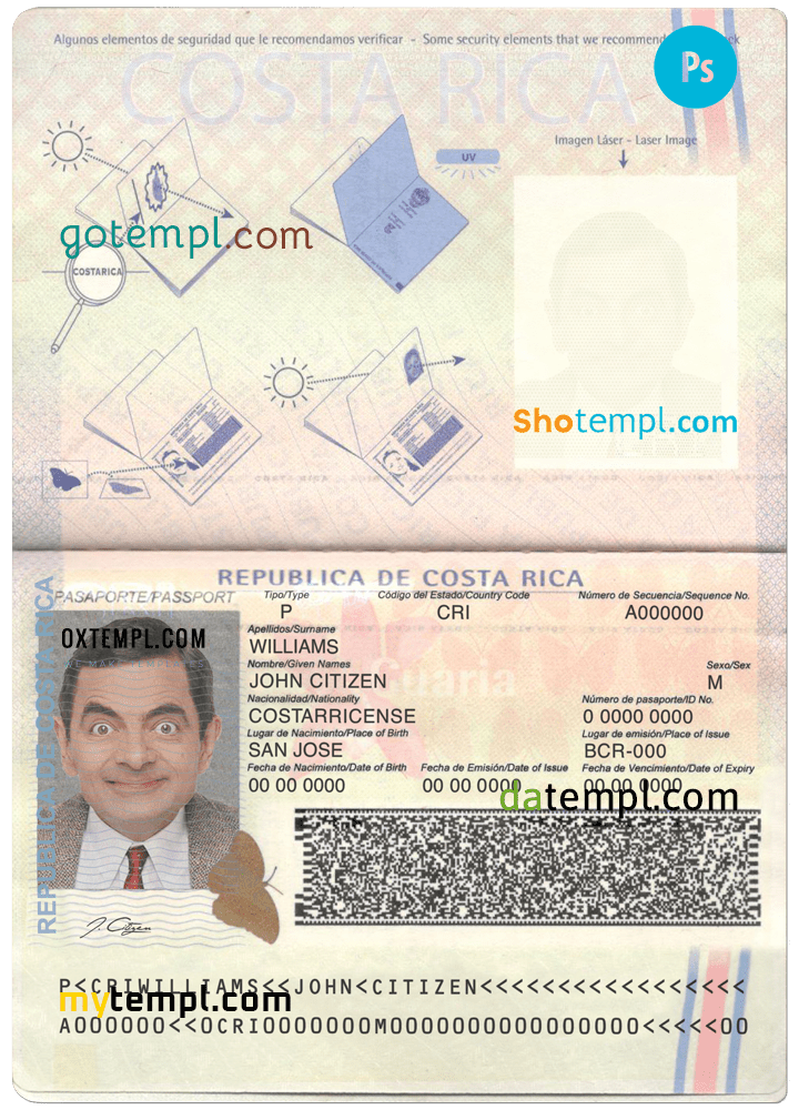 Costa Rica passport template in PSD format, fully editable Oxtempl