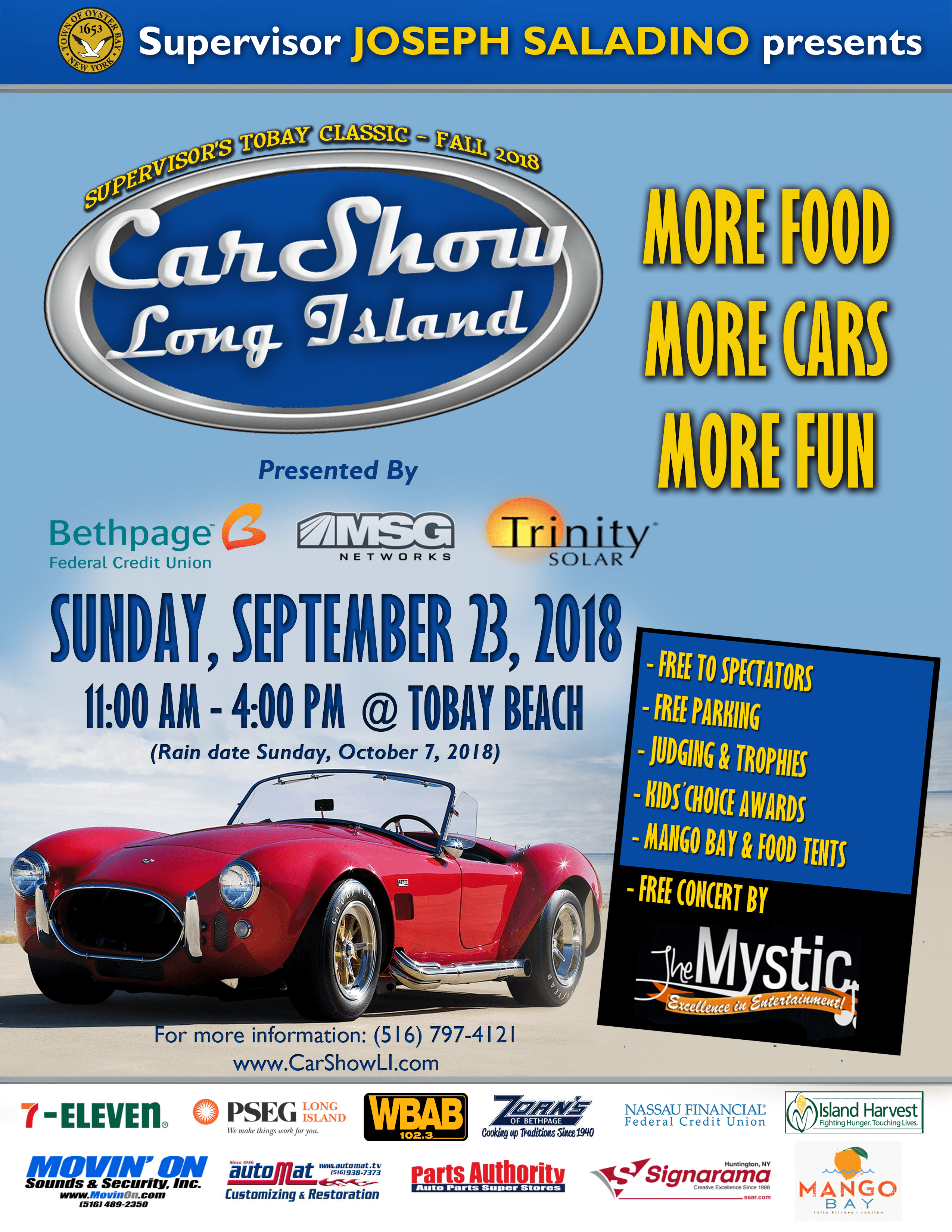 Saladino Announces Car Show Long Island Fall Classic at TOBAY Beach on September 23rd Town of