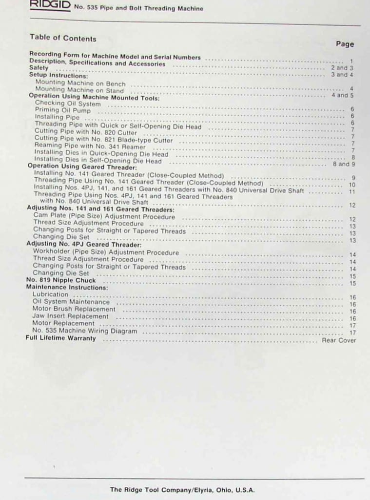 RIDGID 535 Pipe & Bolt Threading Machine Manual Ozark Tool Manuals
