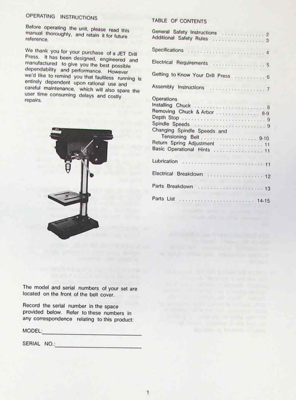 JETAsian JDP10 10" Drill Press Owner's Operator's & Parts Manual