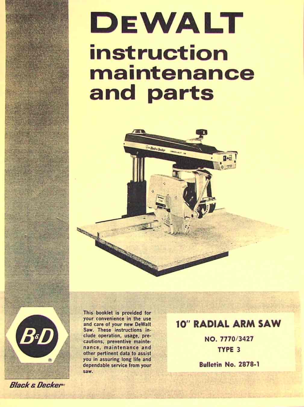 DEWALT 7770 10inch Radial Arm Saw Owner's Instructions