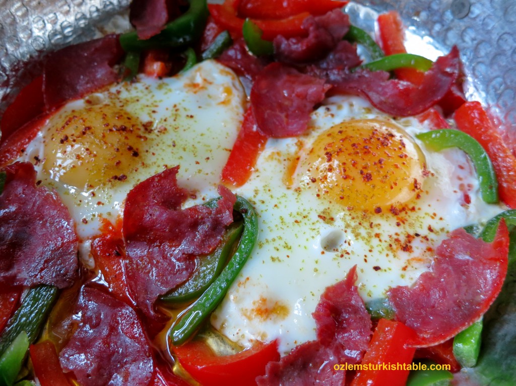 Eggs with Peppers and Pastirma, Dried Beef with a Spicy Coating Ozlem