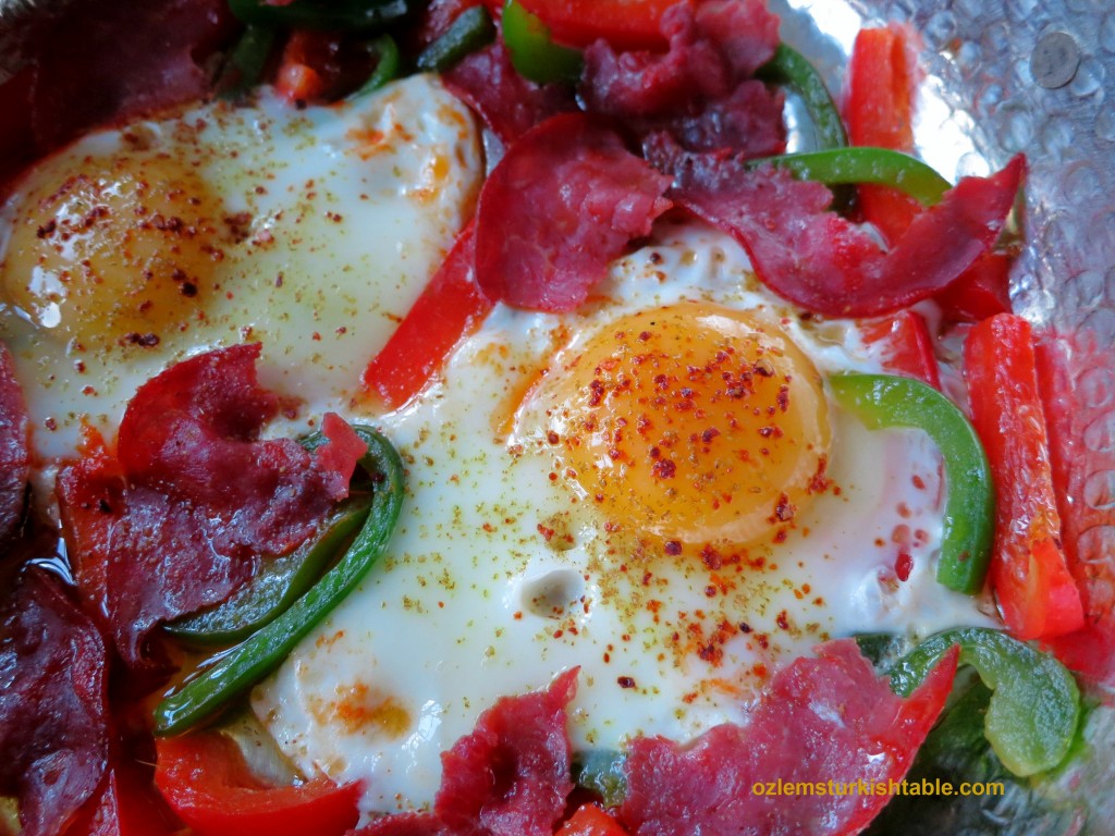 Eggs with Peppers and Pastirma, Dried Beef with a Spicy Coating Ozlem