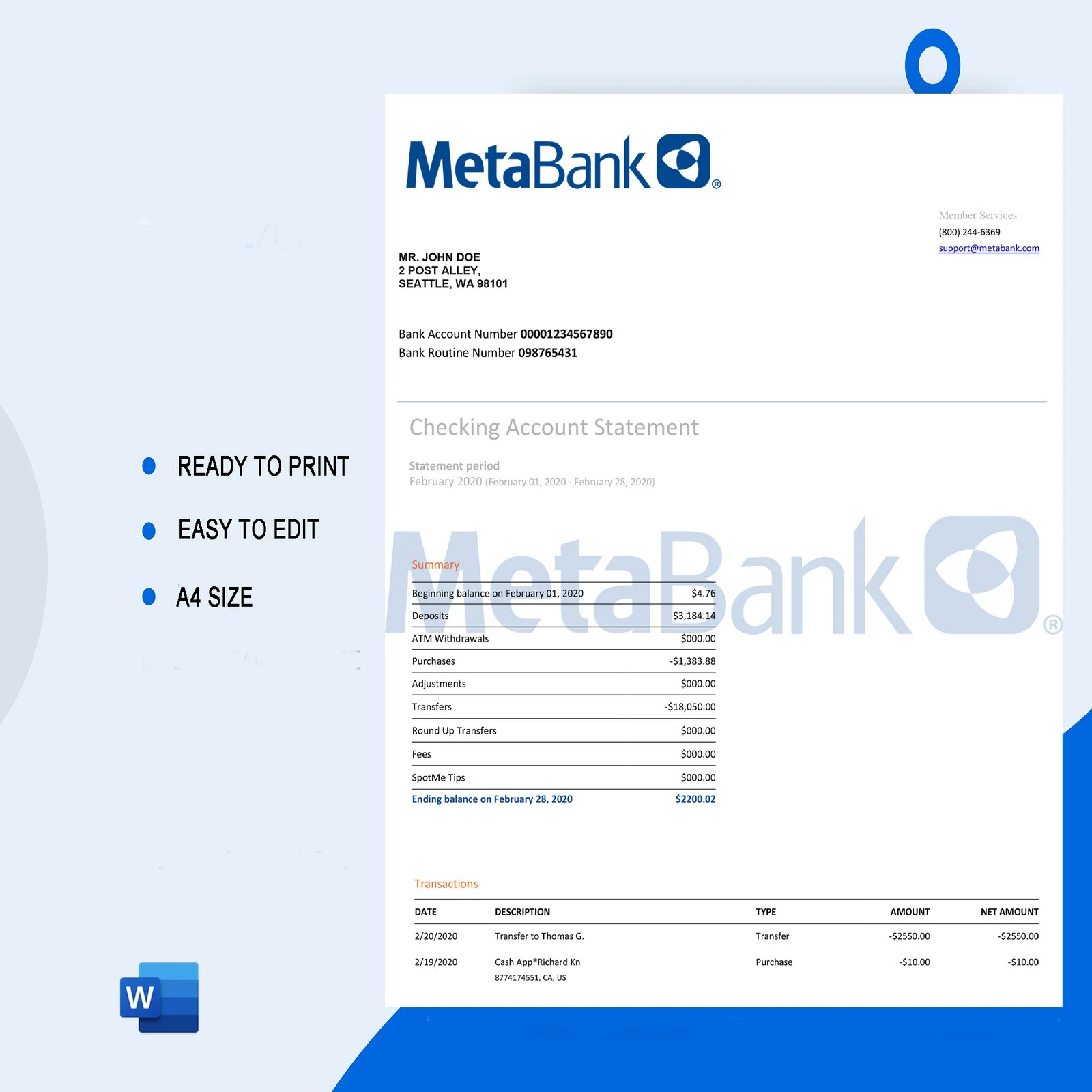 MetaBank Bank Statement Template Ozoud