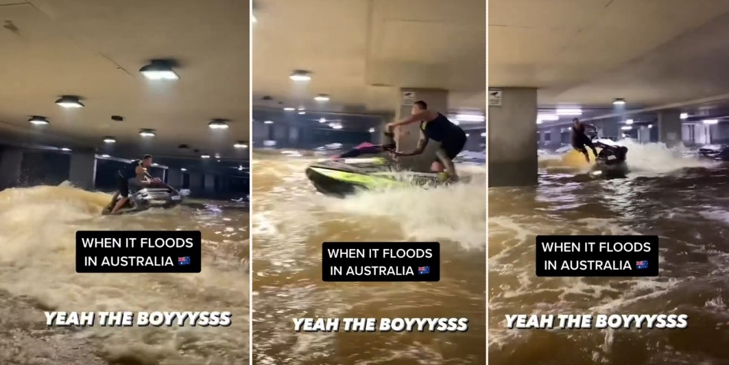 Bloke jet skis in flooded Brissie carpark
