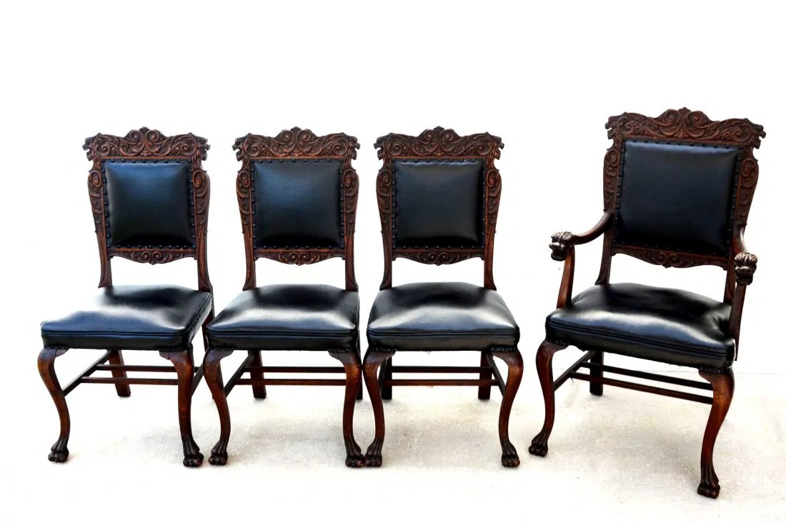 4 CARVED OAK LION CHAIRS