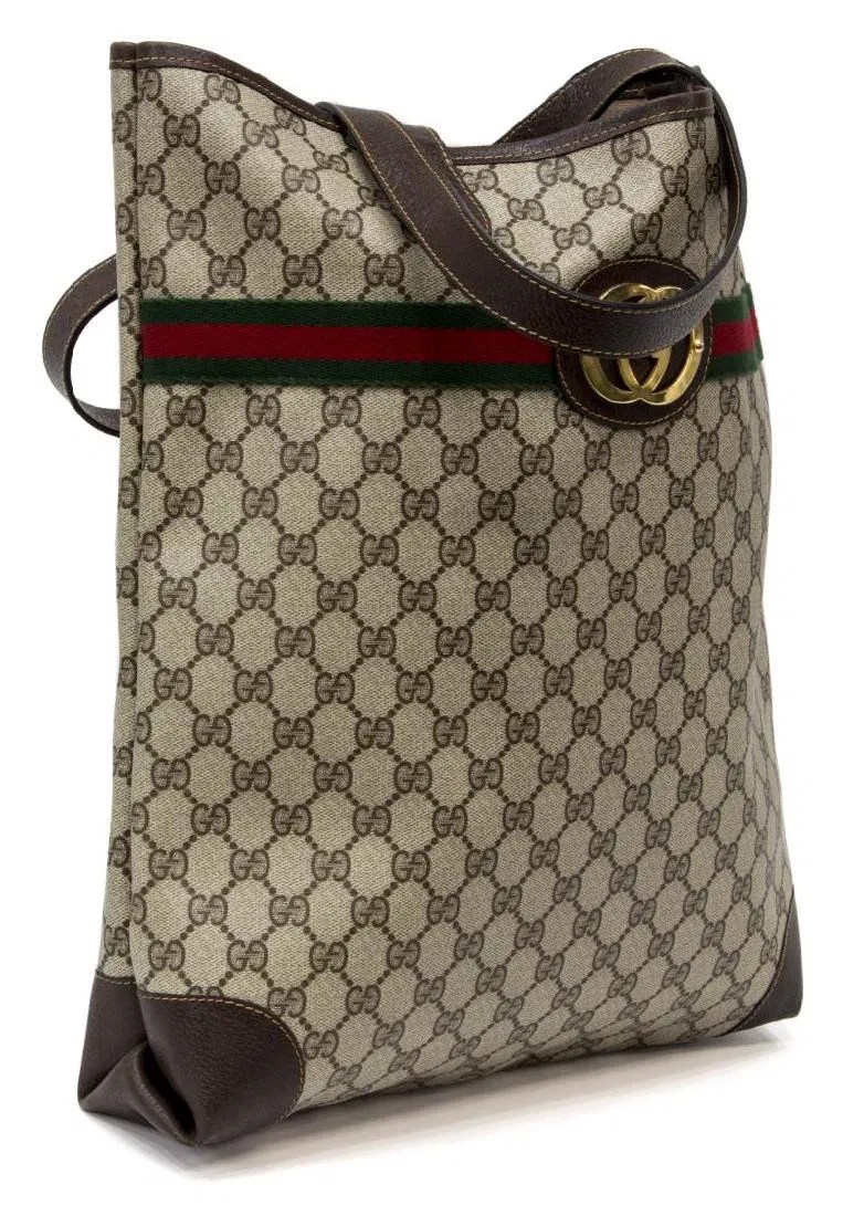 VINTAGE GUCCI MONOGRAM COATED CANVAS WEB TOTE BAG