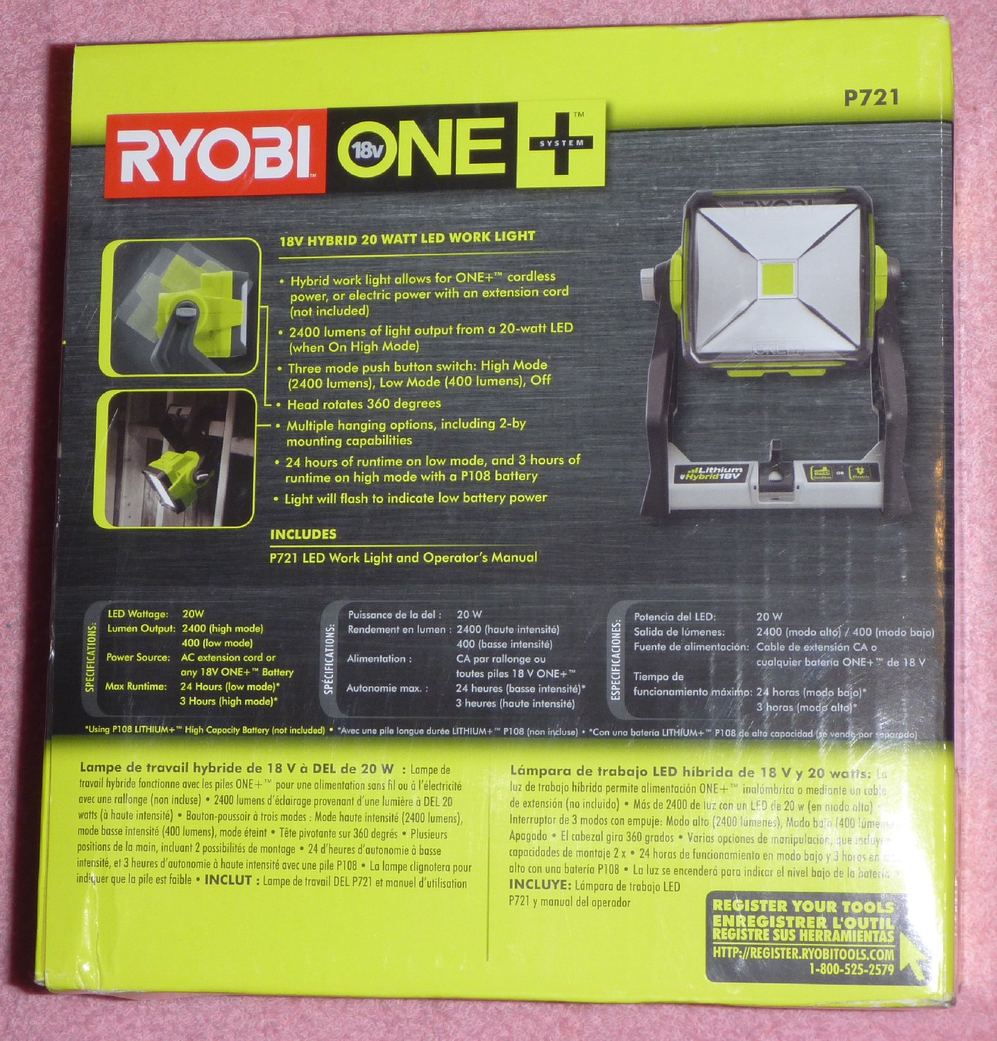 Ryobi P721 One+ 18v 20-Watt LED Work Light Dual Power Hybrid 2-Level