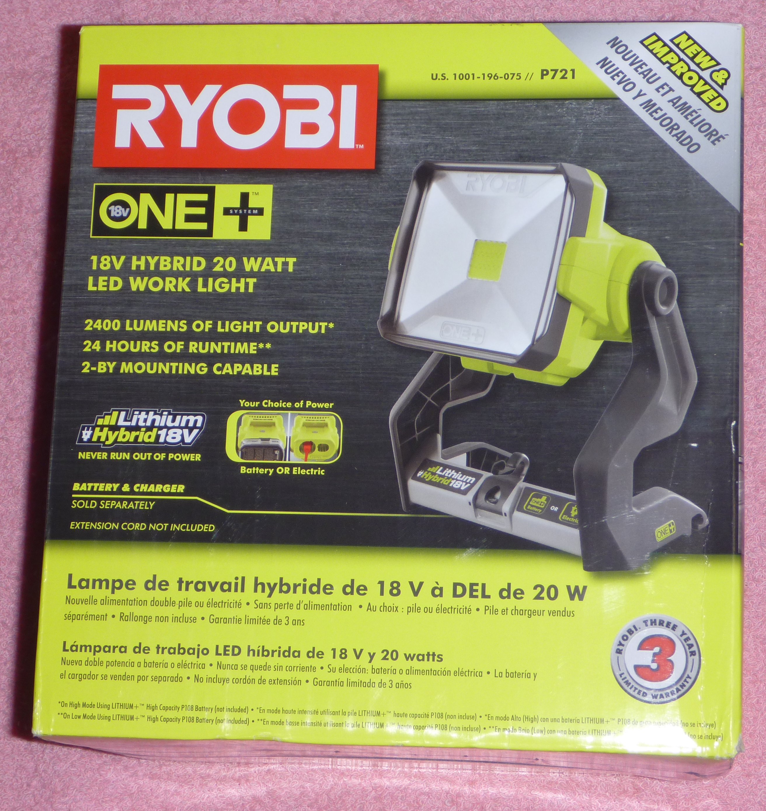 Ryobi P721 One+ 18v 20-Watt LED Work Light Dual Power Hybrid 2-Level