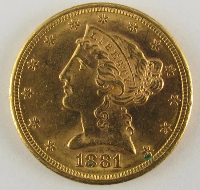 182 1881 5 Five Dollar Gold Coin Lot 182