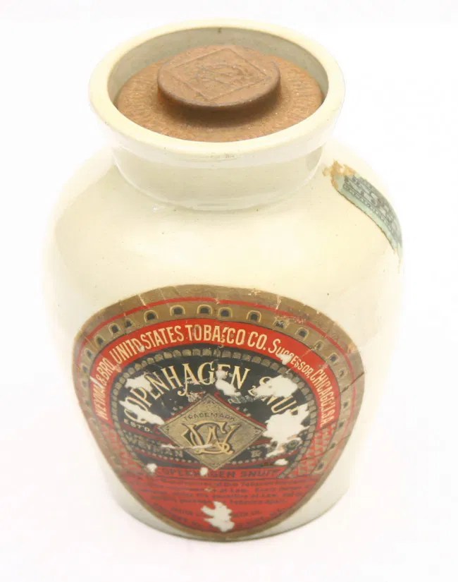848 Vintage COPENHAGEN SNUFF crock 6" tall w/ tin lid Lot 848